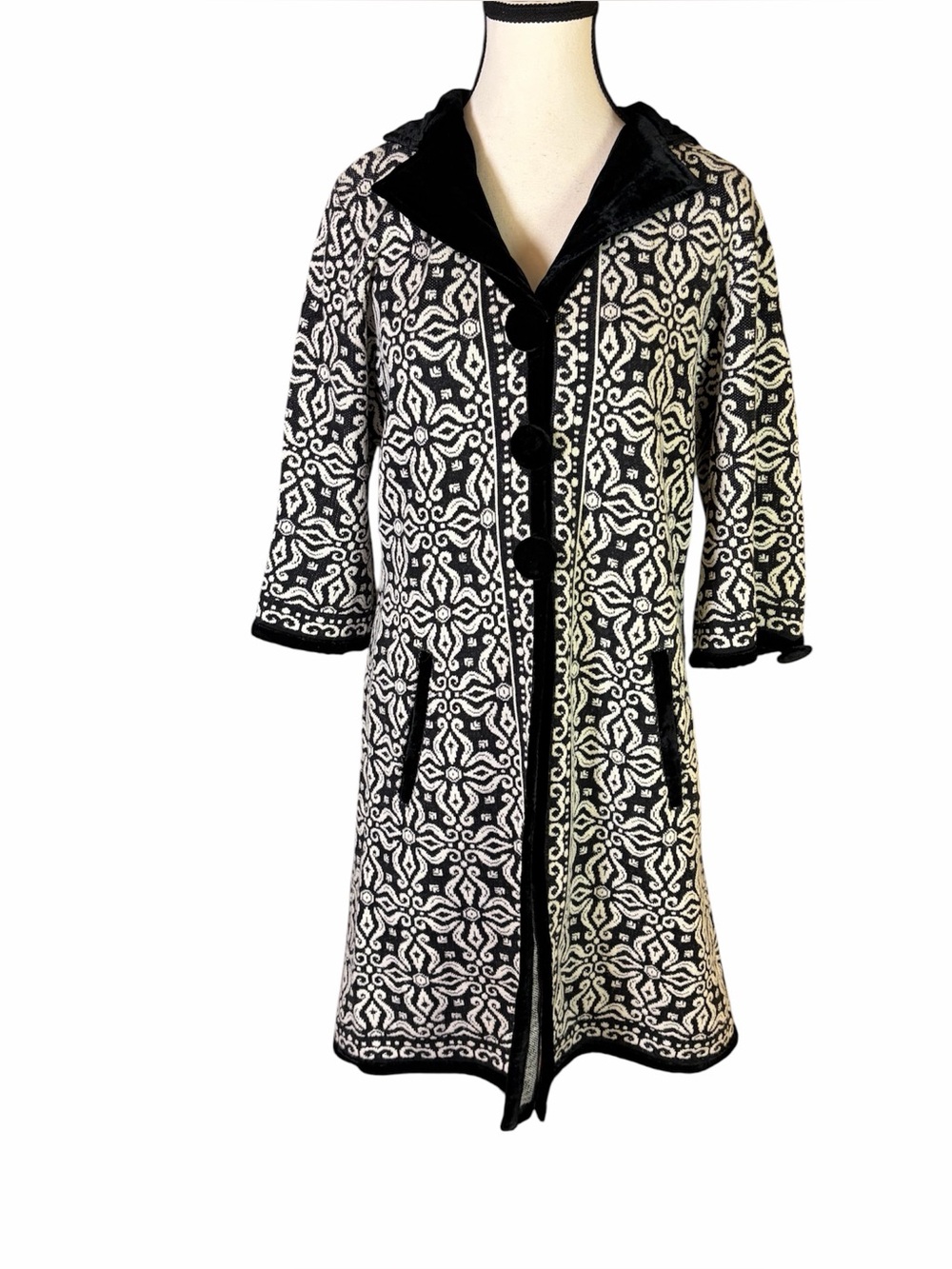 Vintage CoVelo Silk Wool Cashmere Knit Coat Jacket L Black White Damask Boho